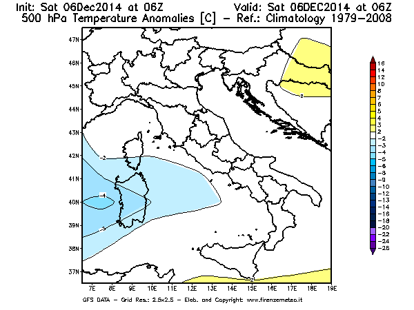 Mappa di analisi GFS - Anomalia Temperatura [°C] a 500 hPa in Italia
									del 06/12/2014 06 <!--googleoff: index-->UTC<!--googleon: index-->