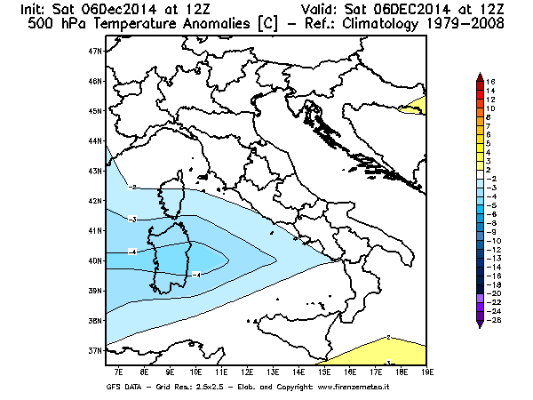 Mappa di analisi GFS - Anomalia Temperatura [°C] a 500 hPa in Italia
							del 06/12/2014 12 <!--googleoff: index-->UTC<!--googleon: index-->
