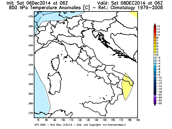 Mappa di analisi GFS - Anomalia Temperatura [°C] a 850 hPa in Italia
									del 06/12/2014 06 <!--googleoff: index-->UTC<!--googleon: index-->