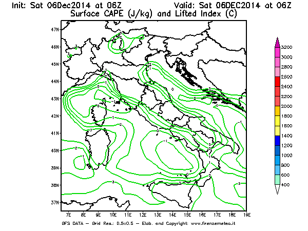 Mappa di analisi GFS - CAPE [J/kg] e Lifted Index [°C] in Italia
							del 06/12/2014 06 <!--googleoff: index-->UTC<!--googleon: index-->