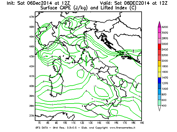Mappa di analisi GFS - CAPE [J/kg] e Lifted Index [°C] in Italia
									del 06/12/2014 12 <!--googleoff: index-->UTC<!--googleon: index-->