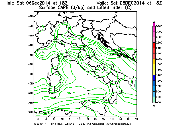 Mappa di analisi GFS - CAPE [J/kg] e Lifted Index [°C] in Italia
							del 06/12/2014 18 <!--googleoff: index-->UTC<!--googleon: index-->