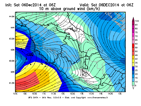 Mappa di analisi GFS - Velocità del vento a 10 metri dal suolo [km/h] in Centro-Italia
									del 06/12/2014 06 <!--googleoff: index-->UTC<!--googleon: index-->