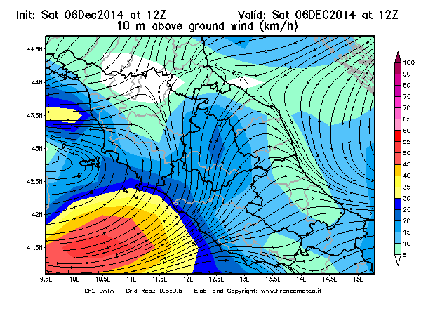 Mappa di analisi GFS - Velocità del vento a 10 metri dal suolo [km/h] in Centro-Italia
							del 06/12/2014 12 <!--googleoff: index-->UTC<!--googleon: index-->
