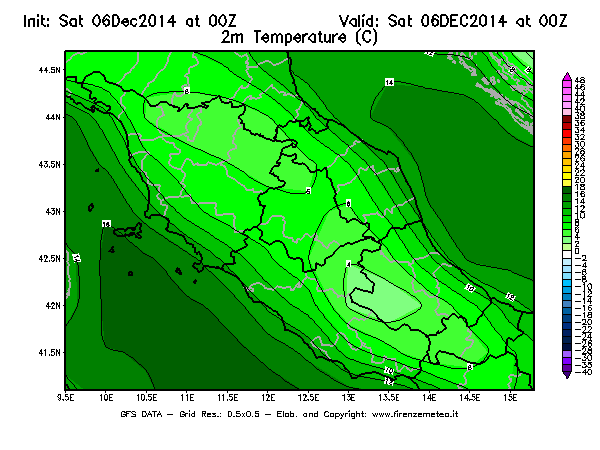 Mappa di analisi GFS - Temperatura a 2 metri dal suolo [°C] in Centro-Italia
							del 06/12/2014 00 <!--googleoff: index-->UTC<!--googleon: index-->