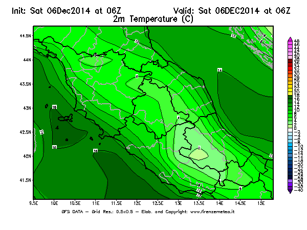 Mappa di analisi GFS - Temperatura a 2 metri dal suolo [°C] in Centro-Italia
									del 06/12/2014 06 <!--googleoff: index-->UTC<!--googleon: index-->