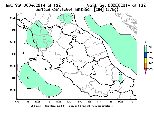 Mappa di analisi GFS - CIN [J/kg] in Centro-Italia
							del 06/12/2014 12 <!--googleoff: index-->UTC<!--googleon: index-->
