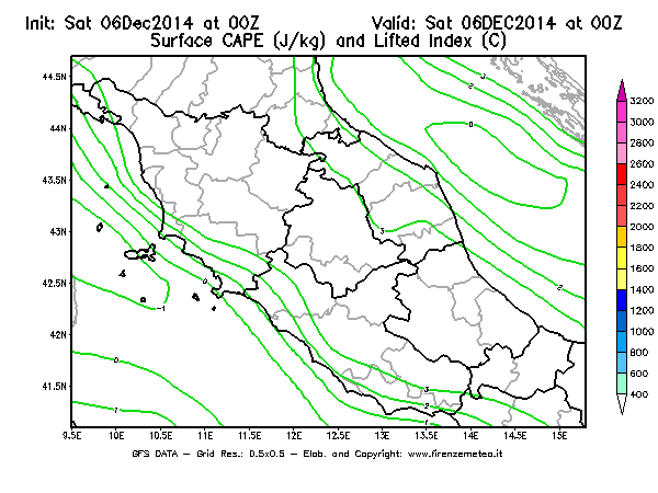 Mappa di analisi GFS - CAPE [J/kg] e Lifted Index [°C] in Centro-Italia
							del 06/12/2014 00 <!--googleoff: index-->UTC<!--googleon: index-->