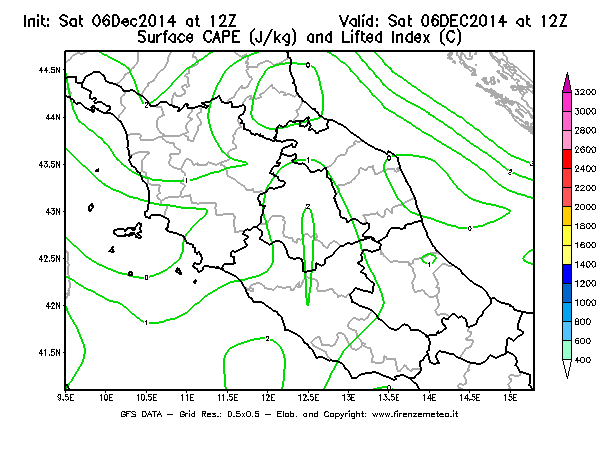 Mappa di analisi GFS - CAPE [J/kg] e Lifted Index [°C] in Centro-Italia
									del 06/12/2014 12 <!--googleoff: index-->UTC<!--googleon: index-->