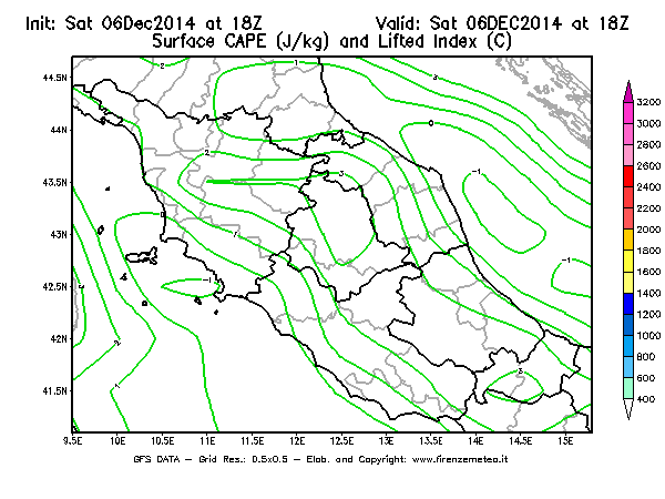 Mappa di analisi GFS - CAPE [J/kg] e Lifted Index [°C] in Centro-Italia
							del 06/12/2014 18 <!--googleoff: index-->UTC<!--googleon: index-->