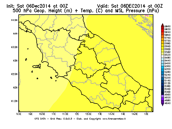 Mappa di analisi GFS - Geopotenziale [m] + Temp. [°C] a 500 hPa + Press. a livello del mare [hPa] in Centro-Italia
							del 06/12/2014 00 <!--googleoff: index-->UTC<!--googleon: index-->
