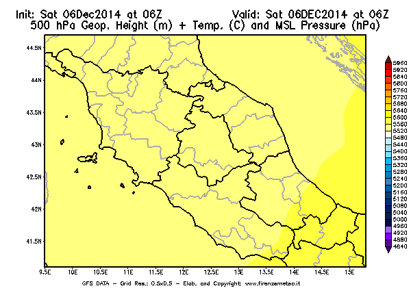 Mappa di analisi GFS - Geopotenziale [m] + Temp. [°C] a 500 hPa + Press. a livello del mare [hPa] in Centro-Italia
							del 06/12/2014 06 <!--googleoff: index-->UTC<!--googleon: index-->