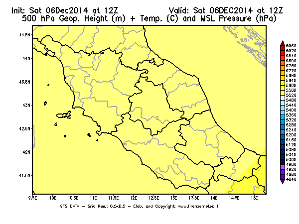 Mappa di analisi GFS - Geopotenziale [m] + Temp. [°C] a 500 hPa + Press. a livello del mare [hPa] in Centro-Italia
									del 06/12/2014 12 <!--googleoff: index-->UTC<!--googleon: index-->