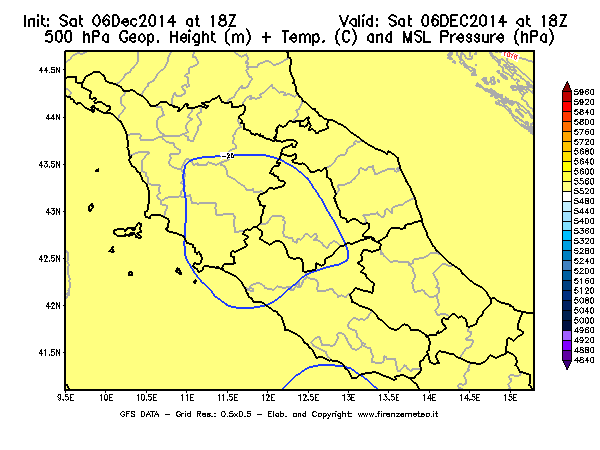 Mappa di analisi GFS - Geopotenziale [m] + Temp. [°C] a 500 hPa + Press. a livello del mare [hPa] in Centro-Italia
							del 06/12/2014 18 <!--googleoff: index-->UTC<!--googleon: index-->
