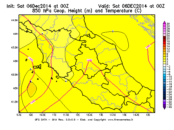 Mappa di analisi GFS - Geopotenziale [m] e Temperatura [°C] a 850 hPa in Centro-Italia
							del 06/12/2014 00 <!--googleoff: index-->UTC<!--googleon: index-->