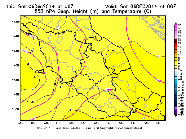 Mappa di analisi GFS - Geopotenziale [m] e Temperatura [°C] a 850 hPa in Centro-Italia
							del 06/12/2014 06 <!--googleoff: index-->UTC<!--googleon: index-->