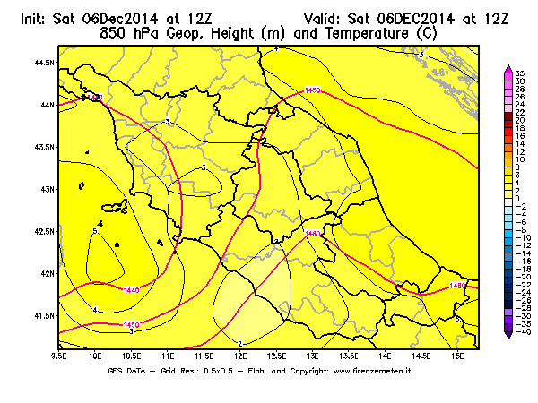 Mappa di analisi GFS - Geopotenziale [m] e Temperatura [°C] a 850 hPa in Centro-Italia
									del 06/12/2014 12 <!--googleoff: index-->UTC<!--googleon: index-->