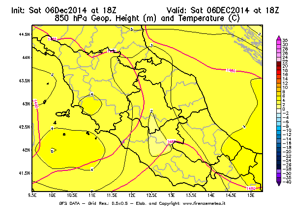 Mappa di analisi GFS - Geopotenziale [m] e Temperatura [°C] a 850 hPa in Centro-Italia
									del 06/12/2014 18 <!--googleoff: index-->UTC<!--googleon: index-->