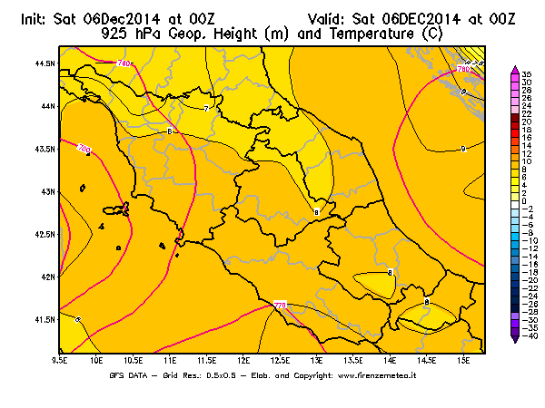 Mappa di analisi GFS - Geopotenziale [m] e Temperatura [°C] a 925 hPa in Centro-Italia
									del 06/12/2014 00 <!--googleoff: index-->UTC<!--googleon: index-->
