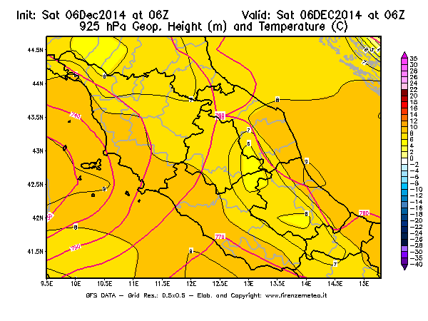 Mappa di analisi GFS - Geopotenziale [m] e Temperatura [°C] a 925 hPa in Centro-Italia
									del 06/12/2014 06 <!--googleoff: index-->UTC<!--googleon: index-->