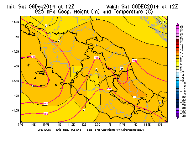 Mappa di analisi GFS - Geopotenziale [m] e Temperatura [°C] a 925 hPa in Centro-Italia
							del 06/12/2014 12 <!--googleoff: index-->UTC<!--googleon: index-->