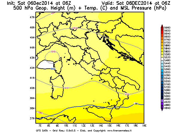 Mappa di analisi GFS - Geopotenziale [m] + Temp. [°C] a 500 hPa + Press. a livello del mare [hPa] in Italia
									del 06/12/2014 06 <!--googleoff: index-->UTC<!--googleon: index-->