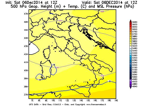 Mappa di analisi GFS - Geopotenziale [m] + Temp. [°C] a 500 hPa + Press. a livello del mare [hPa] in Italia
							del 06/12/2014 12 <!--googleoff: index-->UTC<!--googleon: index-->