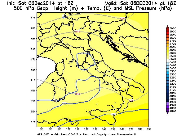 Mappa di analisi GFS - Geopotenziale [m] + Temp. [°C] a 500 hPa + Press. a livello del mare [hPa] in Italia
									del 06/12/2014 18 <!--googleoff: index-->UTC<!--googleon: index-->