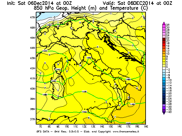 Mappa di analisi GFS - Geopotenziale [m] e Temperatura [°C] a 850 hPa in Italia
									del 06/12/2014 00 <!--googleoff: index-->UTC<!--googleon: index-->