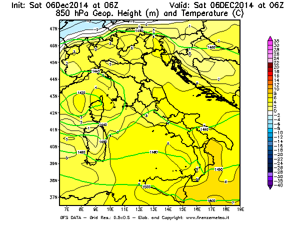 Mappa di analisi GFS - Geopotenziale [m] e Temperatura [°C] a 850 hPa in Italia
							del 06/12/2014 06 <!--googleoff: index-->UTC<!--googleon: index-->