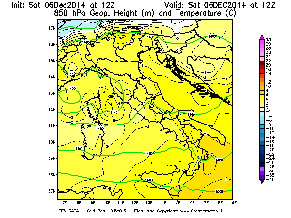 Mappa di analisi GFS - Geopotenziale [m] e Temperatura [°C] a 850 hPa in Italia
							del 06/12/2014 12 <!--googleoff: index-->UTC<!--googleon: index-->