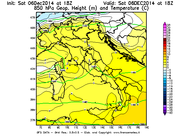 Mappa di analisi GFS - Geopotenziale [m] e Temperatura [°C] a 850 hPa in Italia
									del 06/12/2014 18 <!--googleoff: index-->UTC<!--googleon: index-->