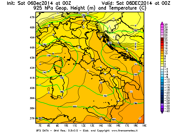 Mappa di analisi GFS - Geopotenziale [m] e Temperatura [°C] a 925 hPa in Italia
							del 06/12/2014 00 <!--googleoff: index-->UTC<!--googleon: index-->