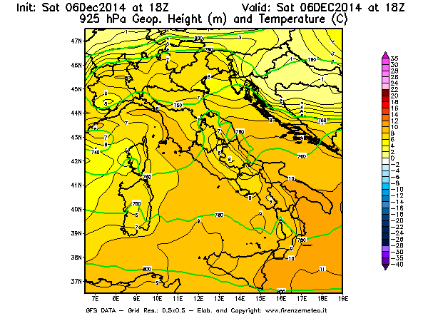 Mappa di analisi GFS - Geopotenziale [m] e Temperatura [°C] a 925 hPa in Italia
							del 06/12/2014 18 <!--googleoff: index-->UTC<!--googleon: index-->
