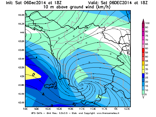 Mappa di analisi GFS - Velocità del vento a 10 metri dal suolo [km/h] in Toscana
									del 06/12/2014 18 <!--googleoff: index-->UTC<!--googleon: index-->