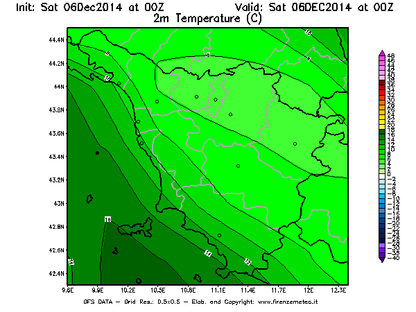 Mappa di analisi GFS - Temperatura a 2 metri dal suolo [°C] in Toscana
									del 06/12/2014 00 <!--googleoff: index-->UTC<!--googleon: index-->