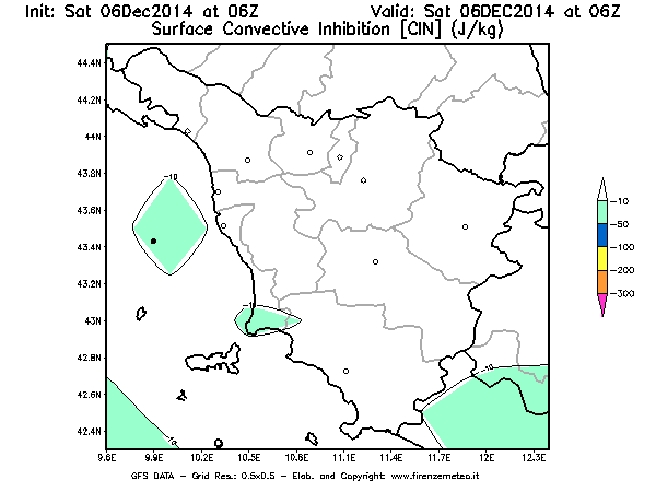 Mappa di analisi GFS - CIN [J/kg] in Toscana
									del 06/12/2014 06 <!--googleoff: index-->UTC<!--googleon: index-->
