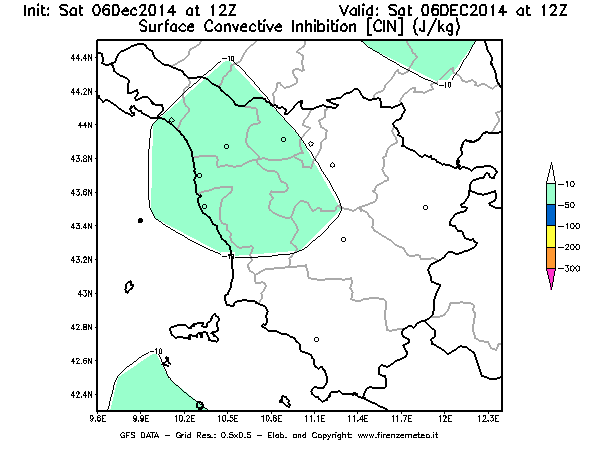 Mappa di analisi GFS - CIN [J/kg] in Toscana
									del 06/12/2014 12 <!--googleoff: index-->UTC<!--googleon: index-->