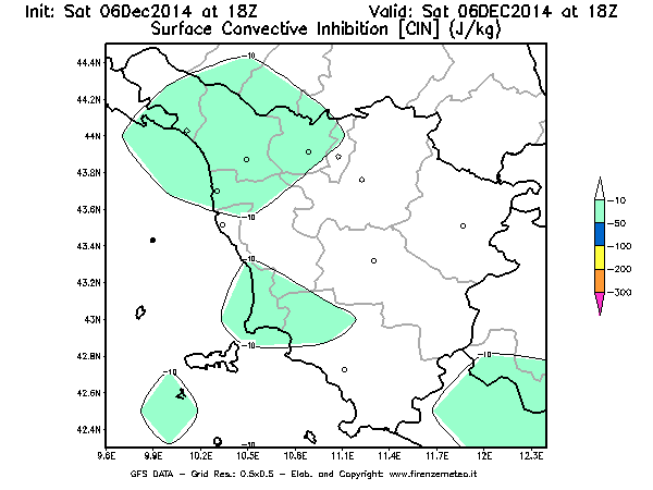 Mappa di analisi GFS - CIN [J/kg] in Toscana
									del 06/12/2014 18 <!--googleoff: index-->UTC<!--googleon: index-->