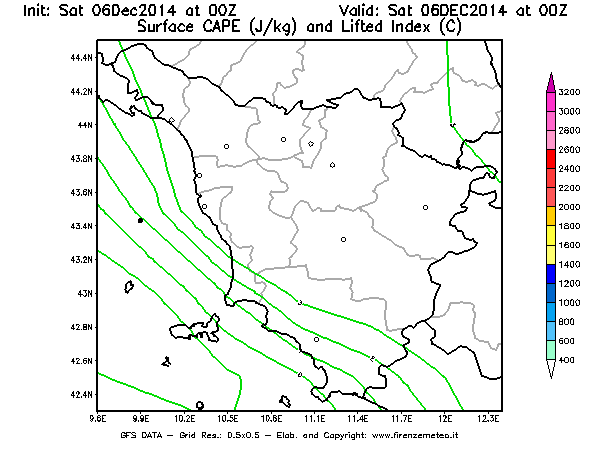 Mappa di analisi GFS - CAPE [J/kg] e Lifted Index [°C] in Toscana
									del 06/12/2014 00 <!--googleoff: index-->UTC<!--googleon: index-->