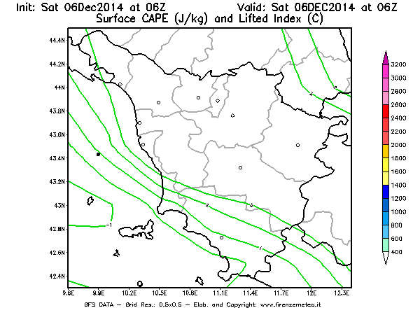 Mappa di analisi GFS - CAPE [J/kg] e Lifted Index [°C] in Toscana
									del 06/12/2014 06 <!--googleoff: index-->UTC<!--googleon: index-->