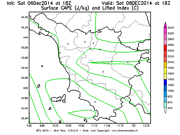 Mappa di analisi GFS - CAPE [J/kg] e Lifted Index [°C] in Toscana
									del 06/12/2014 18 <!--googleoff: index-->UTC<!--googleon: index-->