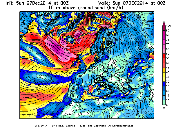 Mappa di analisi GFS - Velocità del vento a 10 metri dal suolo [km/h] in Europa
									del 07/12/2014 00 <!--googleoff: index-->UTC<!--googleon: index-->