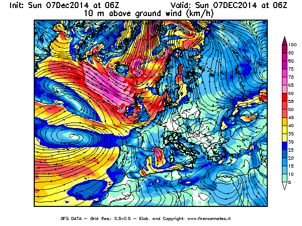 Mappa di analisi GFS - Velocità del vento a 10 metri dal suolo [km/h] in Europa
									del 07/12/2014 06 <!--googleoff: index-->UTC<!--googleon: index-->