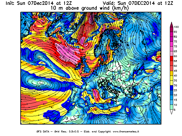 Mappa di analisi GFS - Velocità del vento a 10 metri dal suolo [km/h] in Europa
									del 07/12/2014 12 <!--googleoff: index-->UTC<!--googleon: index-->