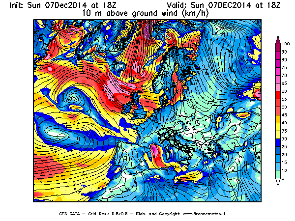 Mappa di analisi GFS - Velocità del vento a 10 metri dal suolo [km/h] in Europa
							del 07/12/2014 18 <!--googleoff: index-->UTC<!--googleon: index-->
