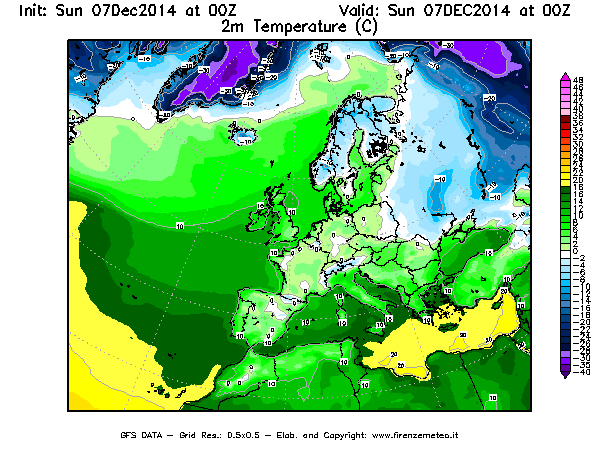 Mappa di analisi GFS - Temperatura a 2 metri dal suolo [°C] in Europa
									del 07/12/2014 00 <!--googleoff: index-->UTC<!--googleon: index-->