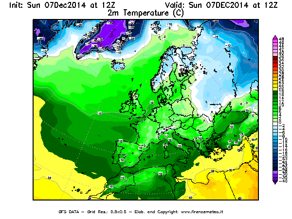 Mappa di analisi GFS - Temperatura a 2 metri dal suolo [°C] in Europa
							del 07/12/2014 12 <!--googleoff: index-->UTC<!--googleon: index-->
