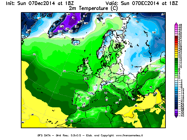 Mappa di analisi GFS - Temperatura a 2 metri dal suolo [°C] in Europa
									del 07/12/2014 18 <!--googleoff: index-->UTC<!--googleon: index-->