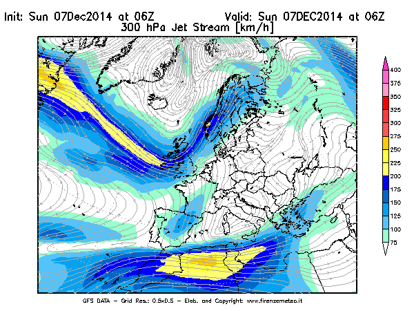 Mappa di analisi GFS - Jet Stream a 300 hPa in Europa
							del 07/12/2014 06 <!--googleoff: index-->UTC<!--googleon: index-->